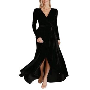 Baltic Born Black Long Sleeve Velvet Wrap Maxi Dress